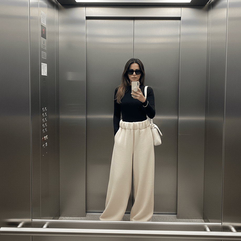 Woman taking a mirror selfie in an elevator wearing a black top and white pants.
